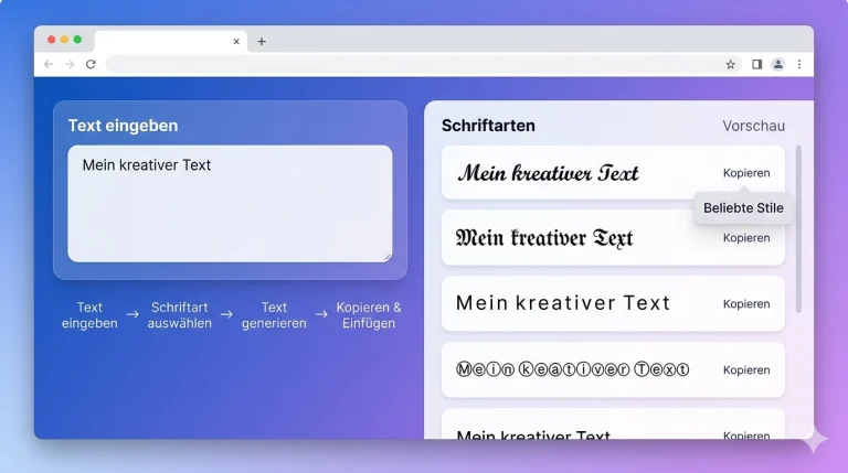schriftgenerator 1 Schriftgenerator Anwendung mit Schritt-für-Schritt Ablauf: Text eingeben, Schriftart auswählen, Text generieren und kopieren mit verschiedenen Schriftstilen in der Vorschau.